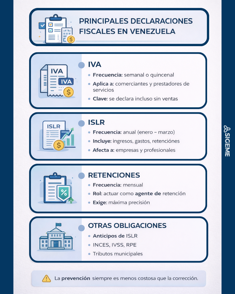 Declaración de impuestos SENIAT e infografía de obligaciones fiscales en Venezuela