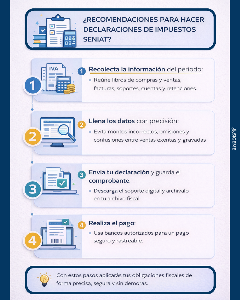 Declaración de impuestos SENIAT en cuatro pasos infografía explicativa