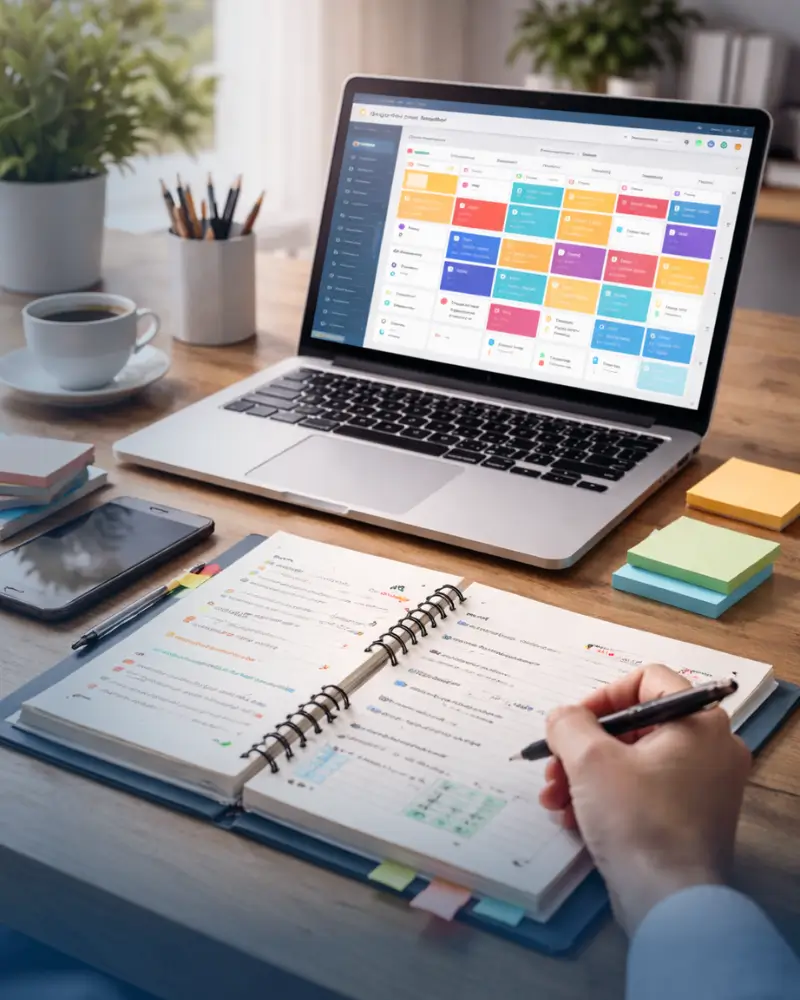 Laptop mostrando un calendario de contenidos y un planificador de tareas para la gestión de redes sociales.