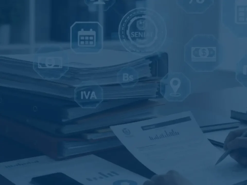 Escritorio organizado con carpetas y checklist para la declaración impuestos SENIAT en Venezuela.